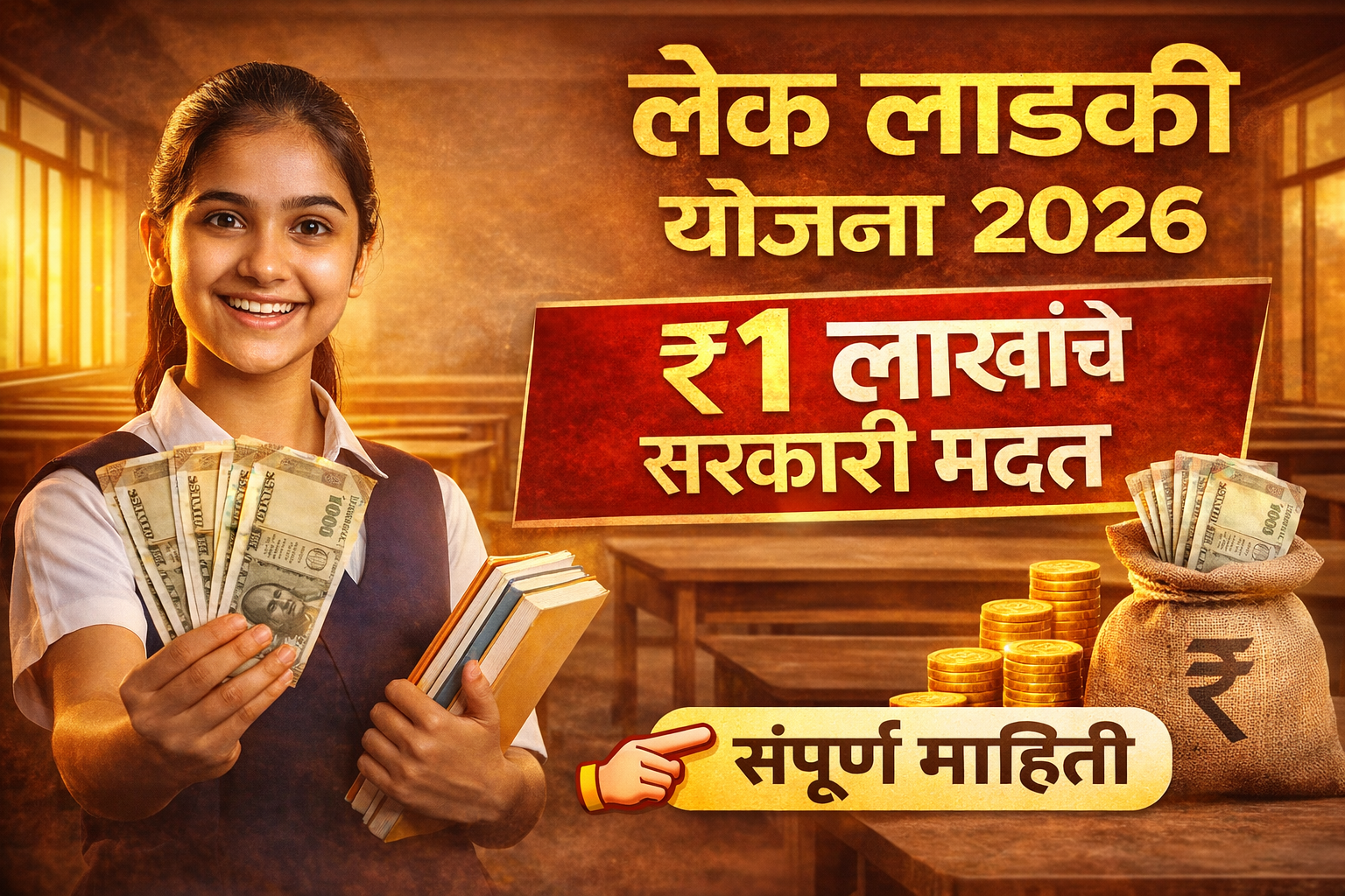 लेक लाडकी योजना 2026 अंतर्गत मुलींना ₹1 लाखांपर्यंत आर्थिक मदत मिळते. पात्रता, अर्ज प्रक्रिया आणि फायदे जाणून घ्या सोप्या मराठीत.